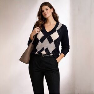 J. Crew Black and Cream V-Neck Sweater